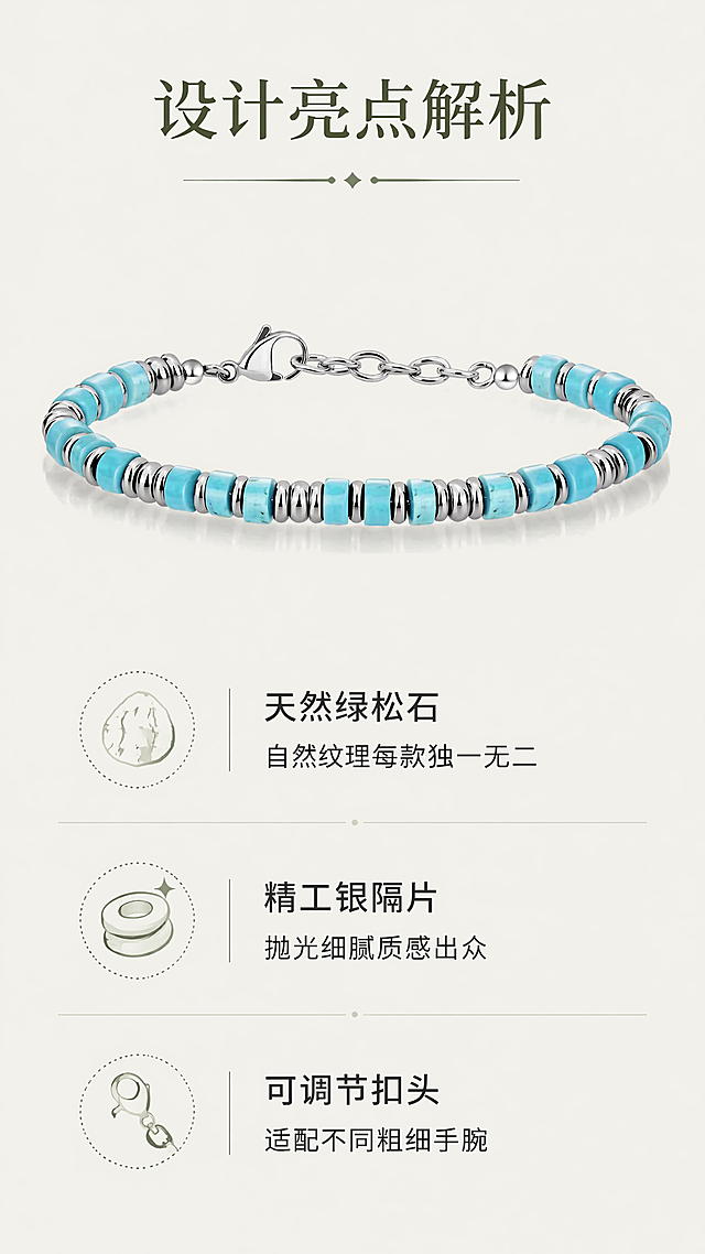 [第3屏] 产品解析页，绿松石银手链结构设计解析。本屏使用【图2】作为商品主体。
[标题版式] 顶部居中主标题，下方分区域标注说明，浅色细线分隔，简约排版无红框。
[氛围/风格] 清晰解析风格，专业干净，柔和质感，低饱和配色，商业摄影。
[元素布局] 手链放置在上半部分中心位置，占比约60%，保留原有结构颜色和质感，下半部分分三个区域标注核心设计亮点，每个亮点搭配小图标装饰，留白充足。
[光影质感] 均匀柔和打光，手链细节纹理清晰，金属光泽自然，无死黑阴影。
[配色色系] 全局底色 #f2f1e8，主色橄榄绿做标题装饰，文字深灰，配色和整体设计统一。
[视角构图] 上下构图，顶部产品，下方卖点，阅读动线从上到下。
[文字版式] 主标题「设计亮点解析」，三个卖点分别为「天然绿松石，自然纹理每款独一无二」「精工银隔片，抛光细腻质感出众」「可调节扣头，适配不同粗细手腕」，卖点标题加粗，浅色图标搭配，排版整齐清晰，文字均清晰可读。
[比例分辨率] 比例9:16，4K分辨率，文字清晰。
[负向提示词] 商品变形，结构错误，文字错乱，颜色偏差，水印，背景杂乱