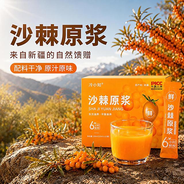 自然原野风，真实场景呈现沙棘原浆的纯净与鲜榨质感，结合现代摄影与3D渲染手法，突出产品天然属性与高端品质。