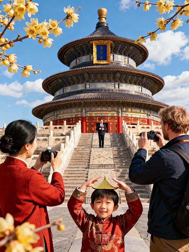 一个中国母亲 一个外国父亲和一个小孩春节在北京旅游画面，10张景点游玩，几张有导游的图