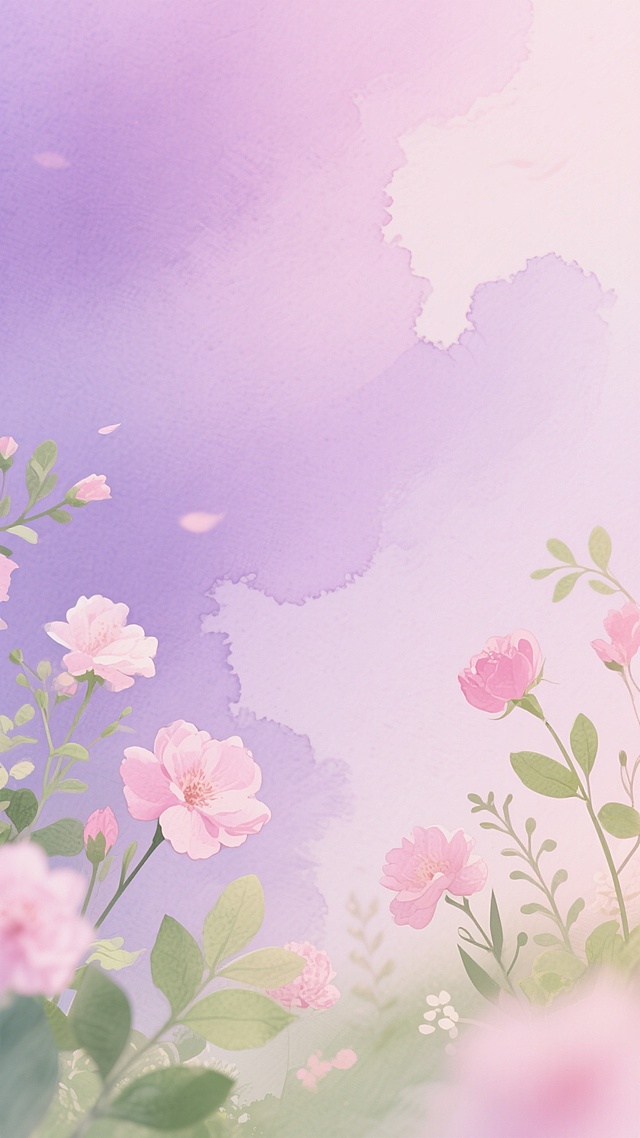 以粉紫色为主色调，柔和渐变的背景，点缀着粉色的花朵和绿色的叶子等自然植物元素，整体画面呈现出朦胧、梦幻的氛围，采用水彩晕染的纹理材质，色彩过渡自然柔和，营造出清新浪漫的感觉。