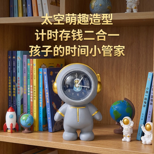 背景换成放在书架上的背景，主体太空人存钱罐保持不变，增加电商卖点预览效果