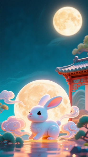 立体插画风格的中秋节海报，高级排版艺术，背景采用肌理磨砂质感与弥散渐变，冷色调为主搭配局部暖色点缀，富有层次感。画面包含新中式扁平商业插画元素，融入宋代美学意境，超现实动态感，透明流体模拟光影效果。上预览效果