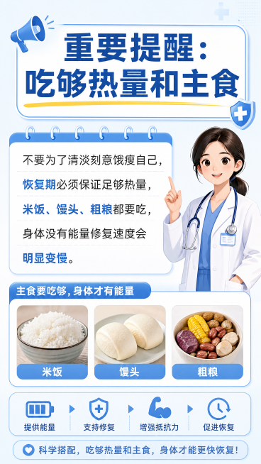 医疗科普图文海报，主标题“重要提醒：吃够热量和主食”，正文：不要为了清淡刻意饿瘦自己，恢复期必须保证足够热量，米饭、馒头、粗粮都要吃，身体没有能量修复速度会明显变慢。9:16竖版，干净清晰，医疗科普风预览效果