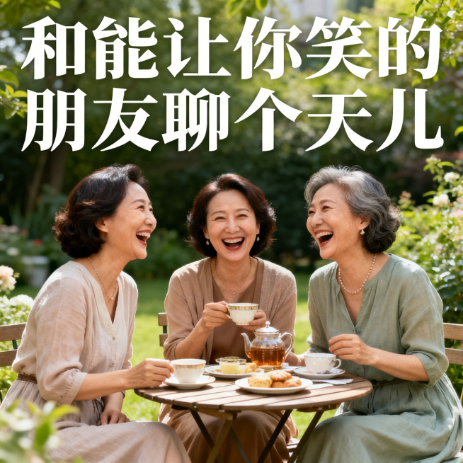 1:1封面主图，主题为#中年女性#自我觉醒 #婚姻感悟，画面为三位中年女性闺蜜围坐户外下午茶开怀大笑，添加文字"和能让你笑的朋友聊个天儿"，文字醒目排版自然，整体氛围轻松治愈预览效果