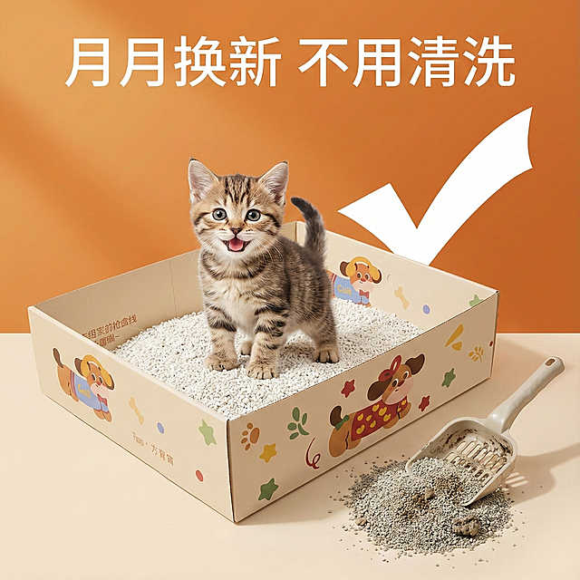 这张图片是产品主体这款产品是一次性猫砂盆 产品主体颜色不改变 我需要设计20张主图在拼多多上面售卖   主图场景布局设计用小猫等 等背景元素 整体色调暖色，可爱 显得高级一些  主图文案内容 月刨猫砂盆 折叠设计 大容量 携带方便 拆装简单 用完即扔  干净卫生  放心使用 双层防水 不怕漏尿  出游方便 月月换新 不用清洗 加大加硬 铲屎无忧 时尚简约 过节回家 长途旅行 无需清洗 出游寄养