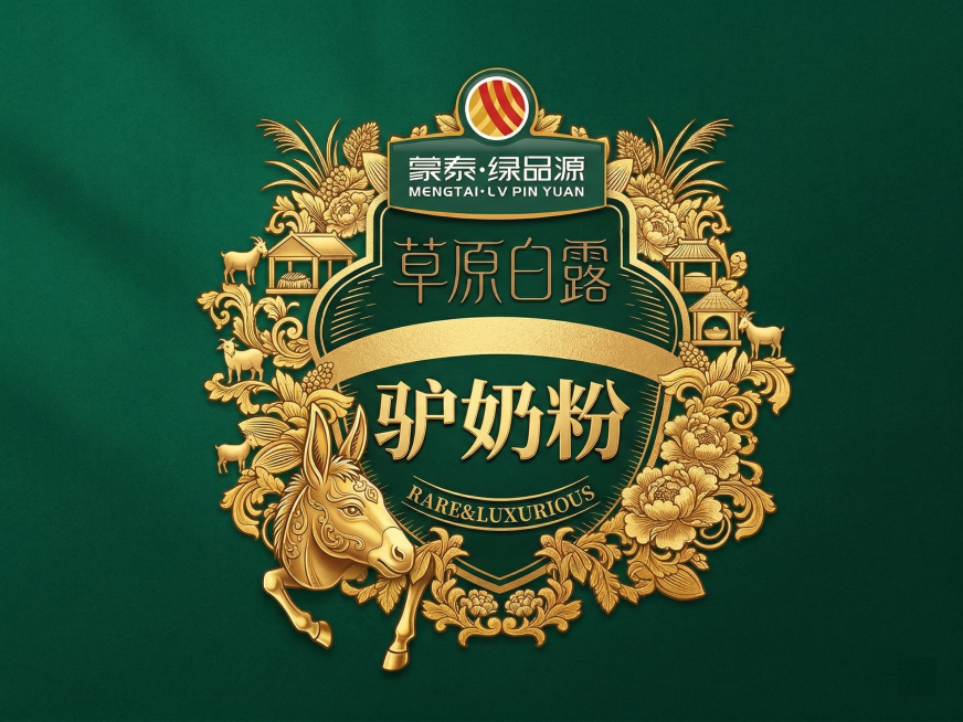 国潮新中式包装插画，深绿金配色盾牌徽章，顶部替换为蒙泰绿品源logo，盾牌中是“草原白露”，将“每日坚果”替换为“驴奶粉”，下方添加文字“RARE&LUXURIOUS”，周围环绕金色草纹、金色鲜花、金预览效果