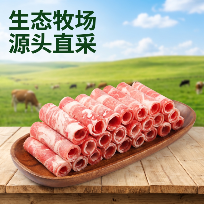 [主图 6] 爆款风味牛肉卷源产地牧场展示；
[氛围风格] 原生态自然牧场氛围，突出源头优质品质；
[画质] 自然风光与美食结合商业摄影，清晰自然，通透干净；
[元素] 一盘切好的风味牛肉卷摆放在前景预览效果