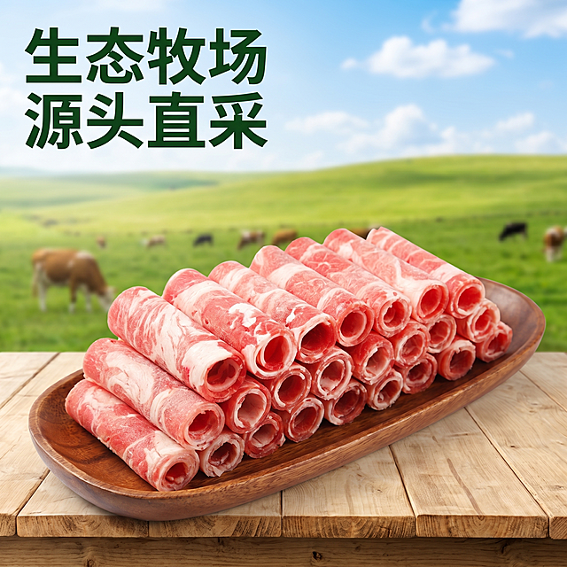 [主图 6] 爆款风味牛肉卷源产地牧场展示；
[氛围风格] 原生态自然牧场氛围，突出源头优质品质；
[画质] 自然风光与美食结合商业摄影，清晰自然，通透干净；
[元素] 一盘切好的风味牛肉卷摆放在前景木质板上，背景是开阔的天然牧场草地，蓝天白云下牛群在远处吃草。保持前景牛肉卷纹理颜色与输入产品图一致，杜绝变形色差。商品主体牛肉卷占比约60%，背景牧场虚化营造氛围感；
[光影] 自然晴天日光，柔和通透，前景牛肉光线均匀，背景自然明亮，整体氛围干净健康；
[配色] 前景牛肉鲜红色，背景牧场青绿色+天空蓝色，自然健康配色，突出原生态品质；
[视角构图] 前景牛肉平视，背景牧场大场景浅景深，构图层次分明，突出产品同时展示源产地；
[文字版式] 左上角大标题"生态牧场
源头直采"深绿色粗体字，不遮挡牛肉主体，自然融入画面；
[比例分辨率] 1:1比例，2k分辨率；文字清晰锐利，画面超高清；
[负向提示词] 变形，水印，文字错乱，产品图模糊，背景杂乱，价格信息，绝对化违禁词，遮挡牛肉主体