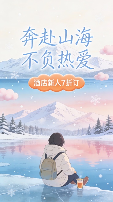 竖版日系治愈系插画促销海报，主色调为奶白 + 淡蓝 + 浅粉，点缀暖橙，画风柔和清新。画面中央用纤细手写体艺术字写 “奔赴山海 不负热爱”，字体为淡蓝色，带轻微描边，叠加在雪山湖畔的天空中，下方配云朵预览效果