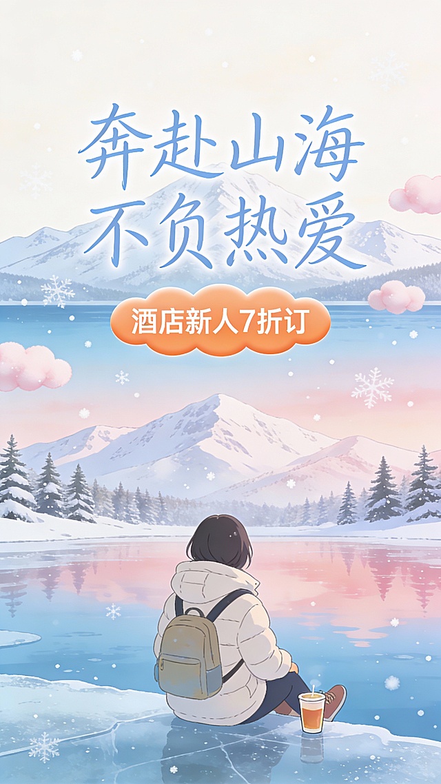 竖版日系治愈系插画促销海报，主色调为奶白 + 淡蓝 + 浅粉，点缀暖橙，画风柔和清新。画面中央用纤细手写体艺术字写 “奔赴山海 不负热爱”，字体为淡蓝色，带轻微描边，叠加在雪山湖畔的天空中，下方配云朵状暖橙按钮“酒店新人 7 折订”，按钮边缘圆润可爱。视觉中心是日系插画风格的旅行者：身穿浅色系羽绒服，背着双肩包，坐在结冰的湖边，脚边放着热饮，背景是治愈系冬日风光 —— 低矮的松树覆盖薄雪，远处雪山轮廓柔和，天空飘着棉花糖般的雪花，湖面倒映着粉蓝渐变的天空，构图对称饱满，氛围宁静惬意，适配喜欢治愈系风格的年轻女性和学生群体。