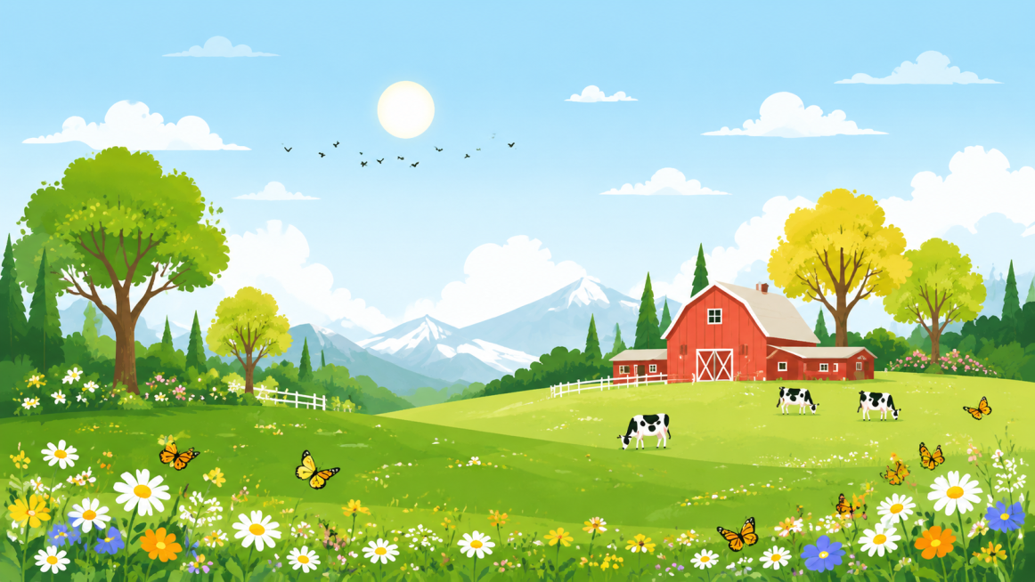 参考此图片的插画风格，重新生成一幅乡村牧场风景，包含绿色草地、树木、红色农舍、飞舞的蝴蝶、野花、远山和蓝天白云，保持整体清新明快的扁平化插画风格预览效果