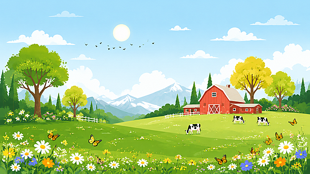 参考此图片的插画风格，重新生成一幅乡村牧场风景，包含绿色草地、树木、红色农舍、飞舞的蝴蝶、野花、远山和蓝天白云，保持整体清新明快的扁平化插画风格