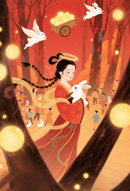 治愈系神话主题插画，一位头上编着两个马尾辫、造型像嫦娥的温柔女子，身着中国古代红底花纹服饰，头带柔和光环，怀抱着一只蓝眼睛的白兔；几只长着翅膀的白兔拉着装满发光黄色光球的复古木轮车飞在空中；下方有众多预览效果