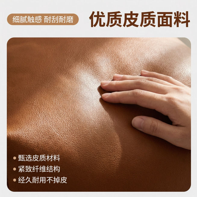 [主图 3] 优质皮质面料工艺细节图
[氛围/风格] 简约质感，微距清晰展示，自然光真实质感
[画面元素] 全屏放大展示焦糖色皮质坐垫的面料纹理，特写皮质肌理，一只手轻轻抚摸面料，突出细腻质感；保留原预览效果