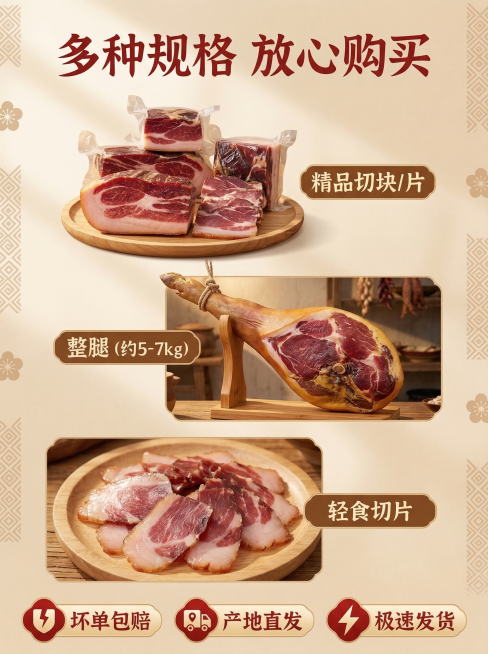 云南特色风格详情页，背景浅棕色民族纹样底，上方粗红字体标题"多种规格 放心购买"，下方排列不同规格火腿实拍（切块/整腿/切片），底部横向排列服务说明："坏单包赔""产地直发""极速发货"，单张单卖点，预览效果
