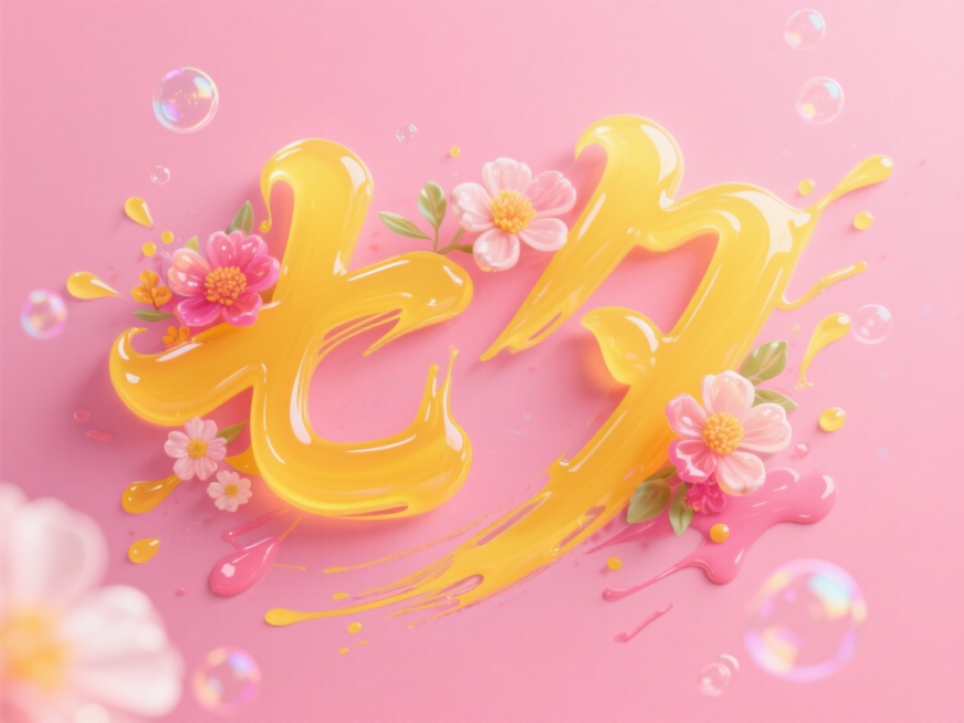 黄色果冻文字"七夕"，书法字体，泼墨艺术字。创意字体设计、字体中花朵元素点缀，粉色背景加泡泡、浪漫七夕氛围。预览效果