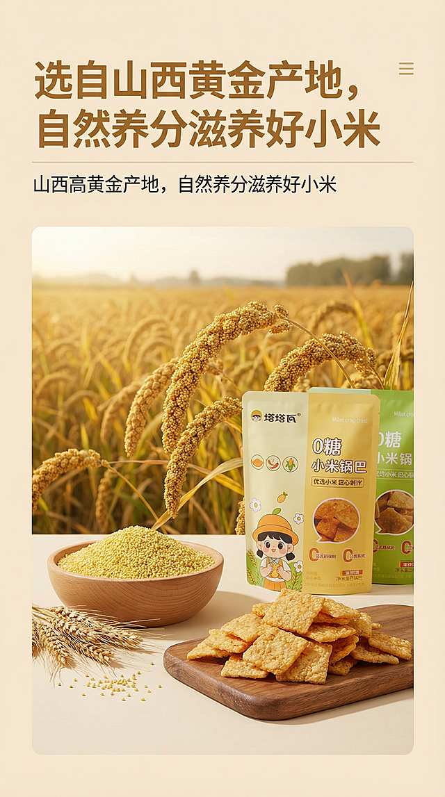 塔塔瓦0糖小米锅巴电商详情页，延续上一张设计风格，9:16尺寸，浅米色低饱和度背景，展示山西小米原料产地的自然金黄小米稻田场景，搭配新鲜小米和锅巴产品，突出山西小米原产地天然优势，文字说明"选自山西黄金产地，自然养分滋养好小米"，风格高级简约，柔和自然光，暖黄调，保持整体品牌风格统一