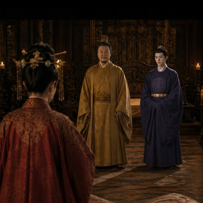 将图一中女子正对面的两人形象修改为图二中的两人形象，保留图一的整体构图、场景灯光和女子背影，其余保持不变预览效果