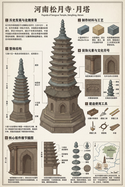 A3大小的河南登封嵩岳寺塔信息可视化流程图展板，复古精致高信息密度图解风格，整体色调为青砖灰褐色、灰浆土黄色、塔刹青灰色，古朴沉稳。包含六大核心板块：1.历史发展与北魏背景：说明嵩岳寺塔始建于北魏正光预览效果
