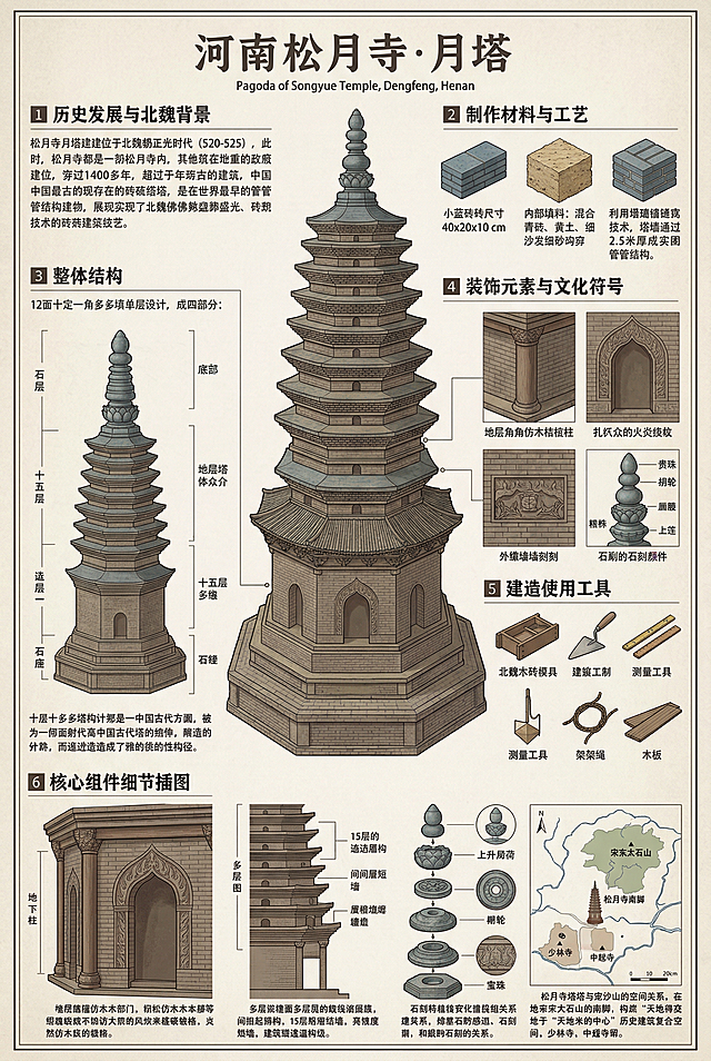 A3大小的河南登封嵩岳寺塔信息可视化流程图展板，复古精致高信息密度图解风格，整体色调为青砖灰褐色、灰浆土黄色、塔刹青灰色，古朴沉稳。包含六大核心板块：1.历史发展与北魏背景：说明嵩岳寺塔始建于北魏正光年间公元520-525年，是嵩岳寺佛塔，历经1400余年，为中国现存最古老砖塔、世界最早筒体结构建筑，体现北魏佛教兴盛与砖石建筑技术水平。2.制作材料与工艺：展示建筑材料为40×20×10厘米小青砖，内部填充石灰黄土细沙混合灰浆，采用错缝顺砌工艺，塔壁厚2.5米以上形成坚固筒体结构。3.整体结构：呈现十二边形密檐式单层筒体形制，分为基座、带壁龛的底层塔身、十五层层层收分的密檐、石制塔刹四部分，说明十二边形平面为中国古塔孤例，收分形成优美抛物线轮廓。4.装饰元素与文化符号：展示底层转角仿木构倚柱、壁龛火焰纹拱券、塔身外壁砖雕、塔刹宝珠相轮仰莲等石雕构件。5.建造使用工具：呈现北魏制砖木模、砌筑瓦刀抹子、测量水平尺铅垂线鲁班尺、脚手架绳索木板等工具。6.核心组件细节插图：包含塔身底层倚柱与火焰纹拱门图，展示仿木构柱头柱础雕刻与火焰纹券面砖雕工艺；密檐层结构剖面图，图解十五层密檐逐层收分规律、檐间短墙与叠涩出檐砌筑方式；塔刹石构件分解图，展示基座、仰莲、相轮、宝珠的叠放关系与石雕工艺；嵩岳寺塔与嵩山少林寺位置关系图，展示塔位于嵩山太室山南麓，与少林寺、中岳庙共同构成嵩山天地之中历史建筑群空间格局。所有文字说明为专业中文知识解析，排版清晰有序。