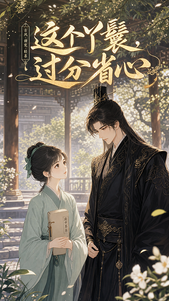 古风漫剧封面，9:16比例，封面剧名《这个丫鬟，过分省心》，参考图中男女主古风形象，女主穿着浅绿色丫鬟服饰，男主穿着黑色古风官服，两人有互动，非纯白色背景，古风庭院氛围感，古风向漫画封面，标题文字醒目，男女主互动画面自然