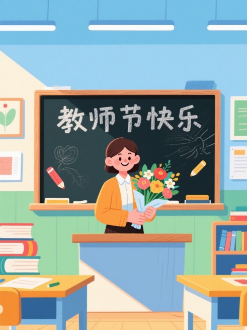教师节海报，画面中有一位微笑的老师站在讲台旁，手中拿着一束鲜花，背景是明亮的教室，黑板上写着“教师节快乐”，周围有书本、粉笔等元素，整体色彩温馨明快，充满节日氛围预览效果
