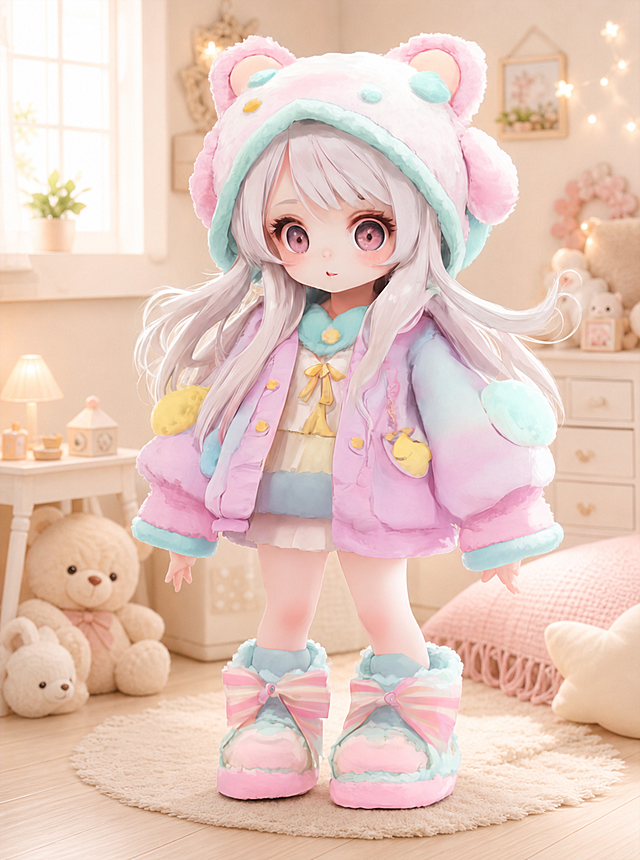 软3D风动漫少女，梦幻粉色系毛绒装，水彩质感背景，温馨可爱，毛发生长细节，营造甜蜜舒适氛围。