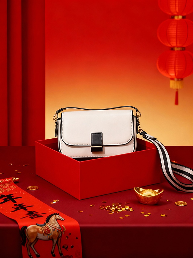 红金喜庆写实风，黑白拼色包包与马年春联、红灯笼等新年元素结合，红火热烈，尽显节日轻奢氛围。