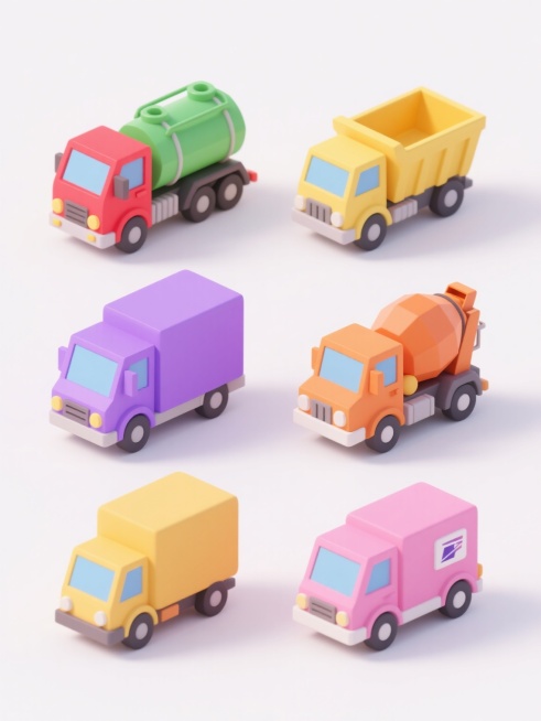 一系列6个不同运输车辆的3D模型设计，保持统一的低多边形卡通风格，纯色背景，每个车辆具有独特的鲜艳色彩（如红色货车、绿色油罐车、黄色自卸车、紫色冷藏车、橙色搅拌车、粉色邮政车），车辆造型简洁圆润，表面光滑无纹理，带有轻微阴影增强立体感，所有车辆在白色背景上整齐排列成两行三列，保持相同的等距间隔和一致的侧视角度，整体画面干净明快，适合作为图标或儿童教育素材使用。预览效果