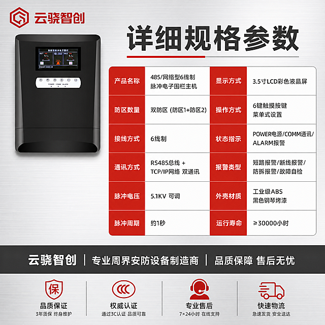 [第5张·规格参数] 【485/网络型】6线制脉冲电子围栏系统，规格参数表主图，参考[image3]的专业工业风格与配色体系。
[画面主体] 画面左上角放置黑色脉冲主机（[image1]产品），正面展示，占画面约25%，主机外观严格保持原图不变。左上角云骁智创红色LOGO+文字（[image2]）。
[构图版式] 左上产品缩略图+右侧及下方详细参数表格，顶部大标题，底部品牌信息。整体满版，参数信息完整。
[场景元素] 浅灰渐变棚拍背景，带横向线条纹理，与参考图背景风格一致。
[文案版式] 顶部大标题："详细规格参数"，深灰色粗体大字。主体为红顶白底的参数表格，左右两列排布，共12项参数：左侧列："产品名称：485/网络型6线制脉冲电子围栏主机""防区数量：双防区（防区1+防区2）""接线方式：6线制""通讯方式：RS485总线 + TCP/IP网络 双通讯""脉冲电压：5.1KV 可调""脉冲周期：约1秒"；右侧列："显示方式：3.5寸LCD彩色液晶屏""操作方式：6键触摸按键 菜单式设置""状态指示：POWER电源/COMM通讯/ALARM报警""报警类型：短路报警/断线报警/防拆报警/故障自检""外壳材质：工业级ABS 黑色钢琴烤漆""运行寿命：≥30000小时"。表格下方深灰通栏白字："云骁智创 | 专业周界安防设备制造商 | 品质保障 售后无忧"。最底部图标条：质保、认证、售后、物流4个图标+文字。
[光影质感] 柔和棚拍光，主机缩略图清晰，参数表格干净整洁，整体专业规范。
[配色字体] 白灰+警示红配色，无衬线字体，参数表格清晰易读，与参考图风格一致。
[比例分辨率] 1:1正方形，2048×2048像素，2K分辨率。
[负向提示词] 禁止主机变形扭曲，禁止错字糊字，禁止背景过暗，禁止低清晰度，禁止水印，禁止大面积空白。