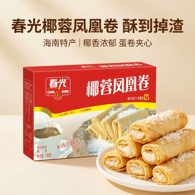 春光椰蓉凤凰卷拼多多1:1主图，首图抓点击吸引
[氛围风格] 清新食欲感，电商促销风格，突出性价比
[画质] 商业摄影质感、光线柔和通透、产品清晰真实、画面干净高级
[元素] 春光椰蓉凤凰卷包装盒居中预览效果