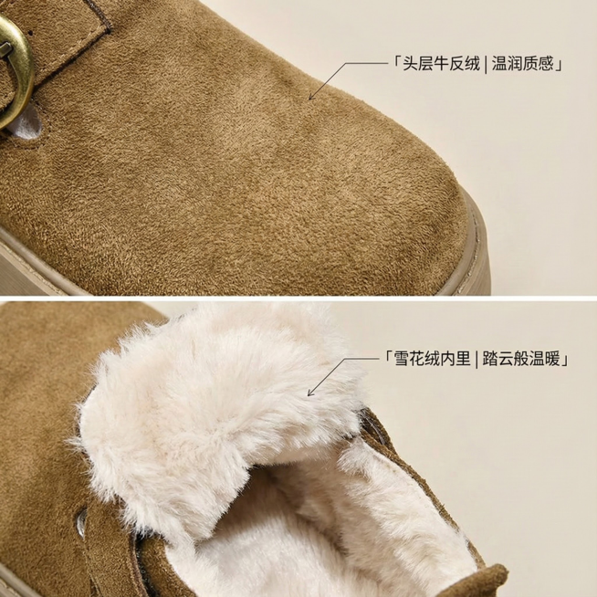 (卖点细节图)：

构图： 产品特写，占据画面70%以上。重点展示“真皮牛反绒”的细腻绒面质感与“内部雪花绒”的蓬松温暖。

布局： 采用左右或上下分镜。左/上：鞋子外部牛反绒的微距特写，能看到绒毛预览效果