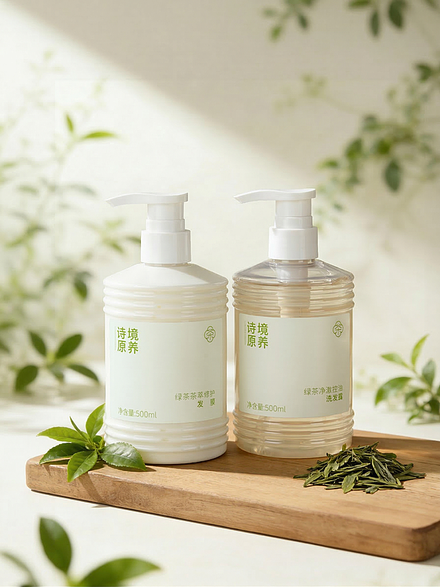 将两款绿茶洗护产品组合放在同一张图中，保持原有产品文字和Logo完全不变，保持两个瓶子的物理结构和形态不变，放置在同一个木质托板上，背景是带有绿色植物叶片的清新自然风场景，柔和自然光，干净明亮的电商摄影风格，保持整体光影协调统一
