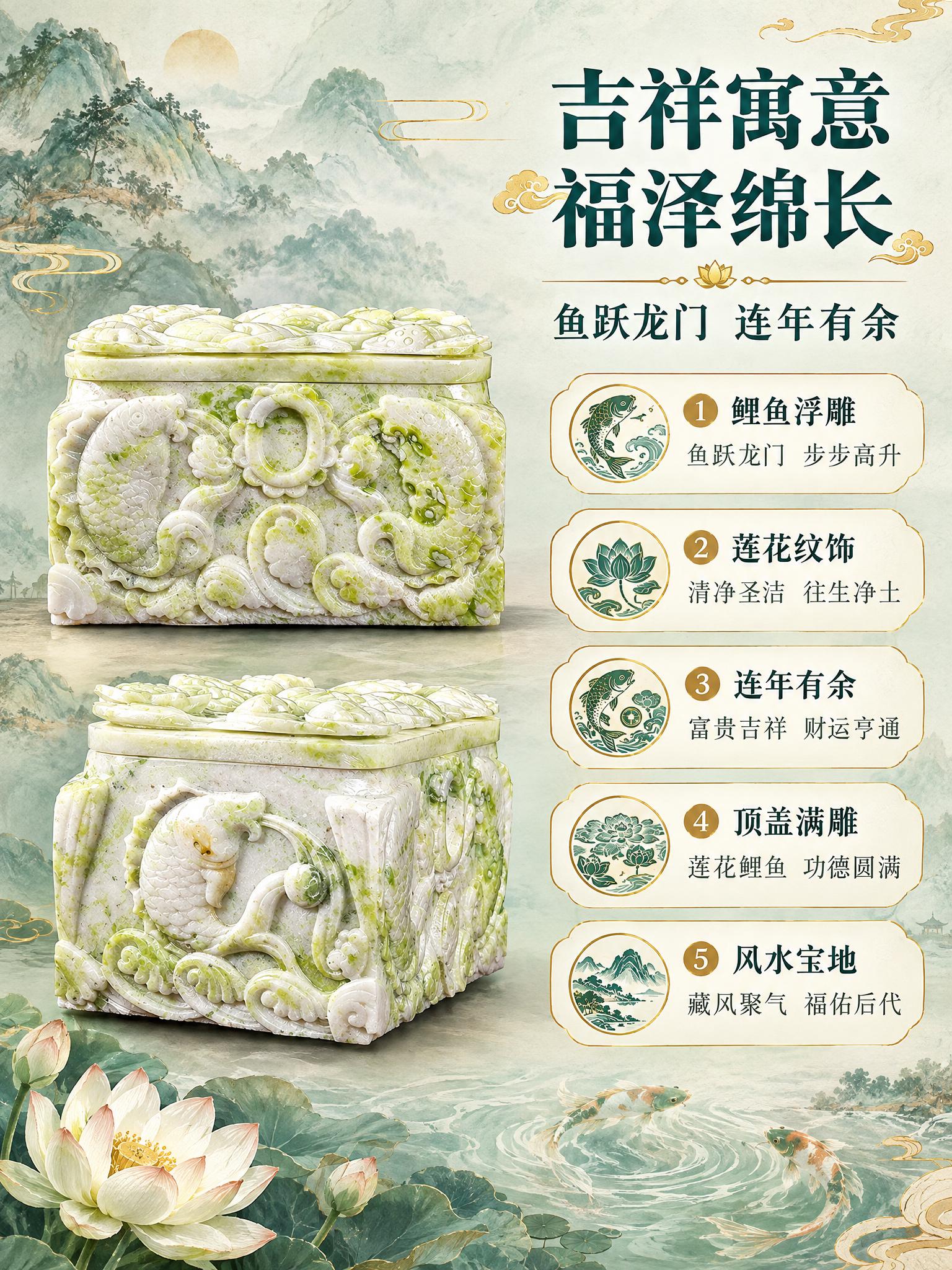 [商品] 使用【图1】【图2】风水宝地黄岫玉骨灰盒正面与侧面细… - 图片创意预览