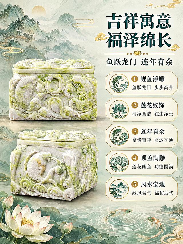 [商品] 使用【图1】【图2】风水宝地黄岫玉骨灰盒正面与侧面细节；保留正面双鲤鱼莲花浮雕、侧面鲤鱼吐珠纹饰、顶盖莲花鲤鱼立体雕刻、天然翠绿玉石纹理、整体满工深雕；商品处理：增强浮雕立体感，玉石纹理更细腻通透，鲤鱼鳞片、莲花花瓣纹路更清晰生动，不改变雕刻内容和产品结构。
[画面] 目标：寓意文化解读页，阐释鲤鱼、莲花的风水吉祥文化内涵。构图：左图右文布局，产品正面+侧面组合展示占左侧50%，右侧为寓意解读文字区；背景为浅青绿宣纸质感，点缀水墨鲤鱼、莲花、水波纹、祥云图案，营造传统文化与风水祥瑞氛围。
[视觉] 套系策略：风格=中式山水风水风商业摄影；标题字=宋体粗体（端庄大气）；正文字=简洁宋体；主色=岫玉翠绿+青白底色；背景延展=基于青绿山水+米白+暖金做深浅层级、同色渐变和玉石/山水/宣纸质感；强调色=暖金色，仅用于小面积图标、引线、标题点缀；标题色=深青绿；正文色=墨绿灰；组件=圆角米白底信息卡、细金线引线、鲤鱼莲花祥云装饰元素；光影=左前侧暖柔光，产品底部柔和投影，突出玉石光泽与浮雕层次。
[文字] 右侧上方主标题"吉祥寓意 福泽绵长"，副标题"鱼跃龙门 连年有余"，下方5个寓意点配小图标："1. 鲤鱼浮雕 鱼跃龙门 步步高升""2. 莲花纹饰 清净圣洁 往生净土""3. 连年有余 富贵吉祥 财运亨通""4. 顶盖满雕 莲花鲤鱼 功德圆满""5. 风水宝地 藏风聚气 福佑后代"，文字横向排版，层级清晰。
[规格] 图片比例3:4竖版，分辨率2K，避免变形、错字、文字过小、冷蓝/冷灰背景、产品颜色改变、结构失真。