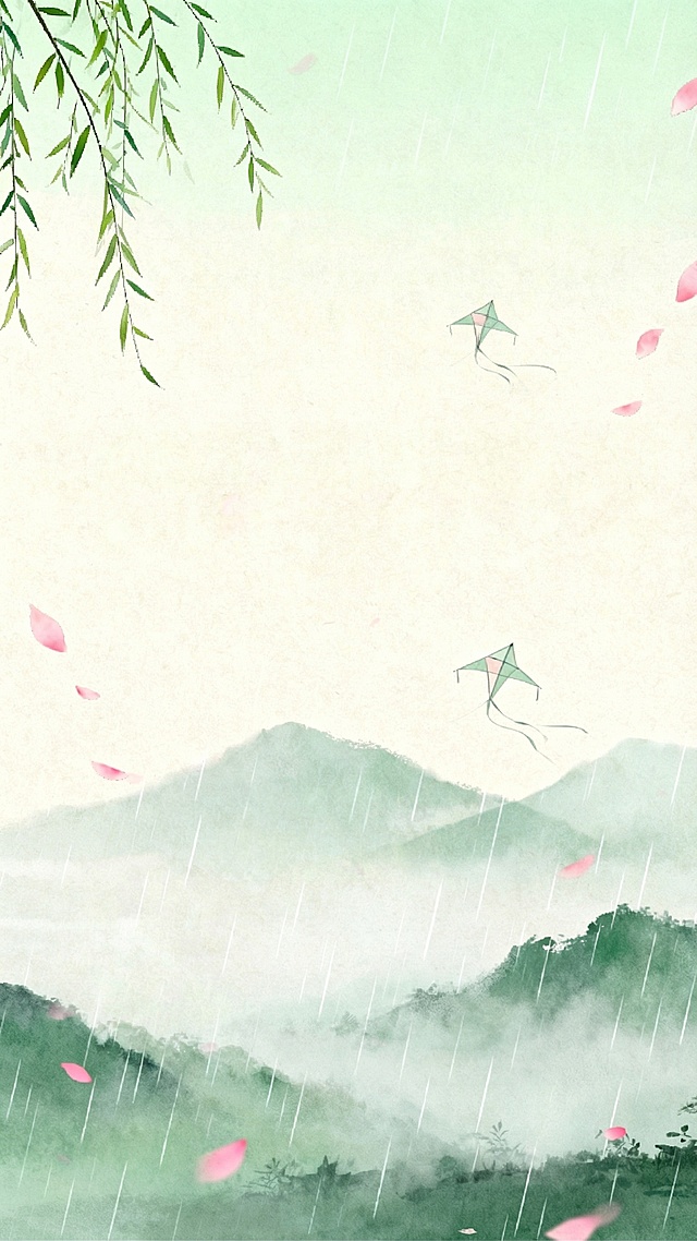 水墨风与水彩风交融，柳枝轻垂，雨丝朦胧，风筝翩跹于青山之间，花瓣飘落，清新柔美，尽显中式文艺意境。