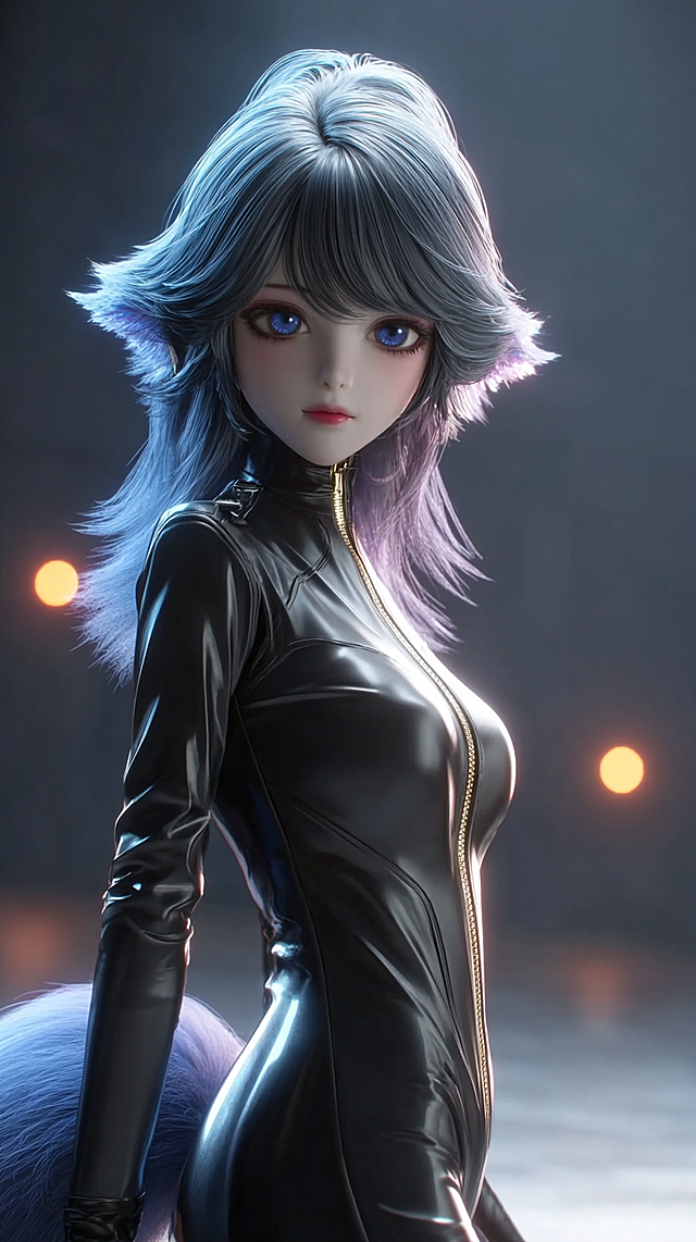 masterpiece, best quality, 8k, ultra-detailed, CG anime girl, full body shot, slender capable figure, black solid leather jumpsuit, front metal zipper, roll-up long sleeves, dark purple wolf tail short hair, side light casting sharp shadows, cold leather luster, black full-finger gloves, black glossy ankle-high leather boots, dark industrial background, detailed face (refer to face reference), cool elegant temperament, sharp eyes