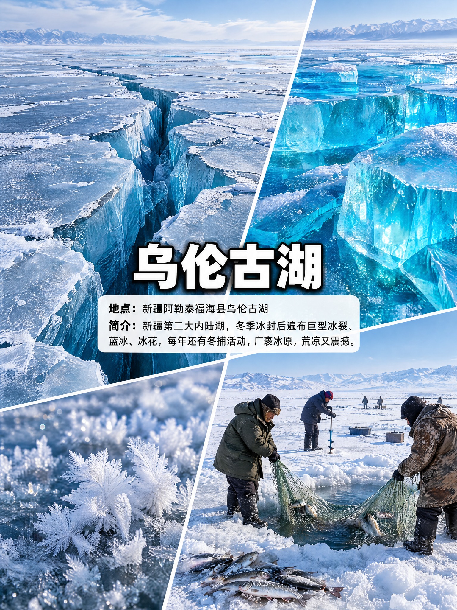 竖屏3:4比例，4张乌伦古湖冬季实拍照片拼接布局，排版布局完全… - 图片创意预览