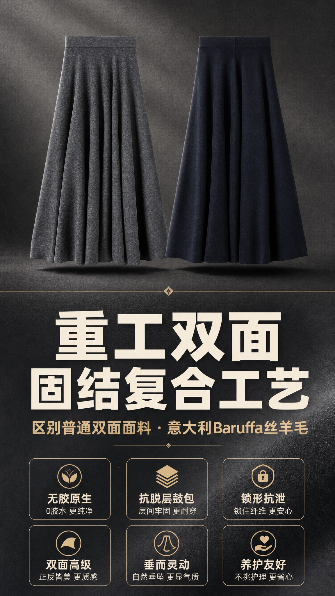 [商品] 使用【图1】深灰色丝羊毛半裙平铺图 + 【图4】藏青… - 图片创意预览