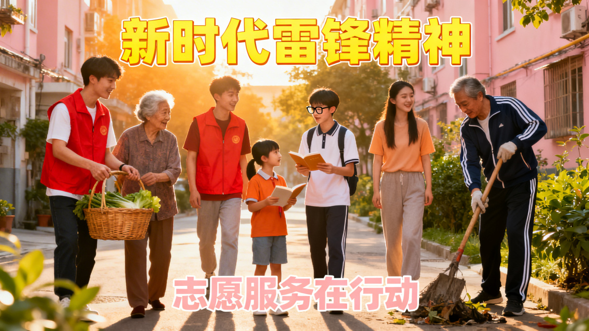 雷锋精神主题横屏视频封面，暖色调，展现新时代学习雷锋的志愿服务场景，人物积极向上，文字醒目突出雷锋精神相关主题，风格清新正能量预览效果
