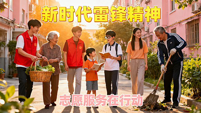 雷锋精神主题横屏视频封面，暖色调，展现新时代学习雷锋的志愿服务场景，人物积极向上，文字醒目突出雷锋精神相关主题，风格清新正能量