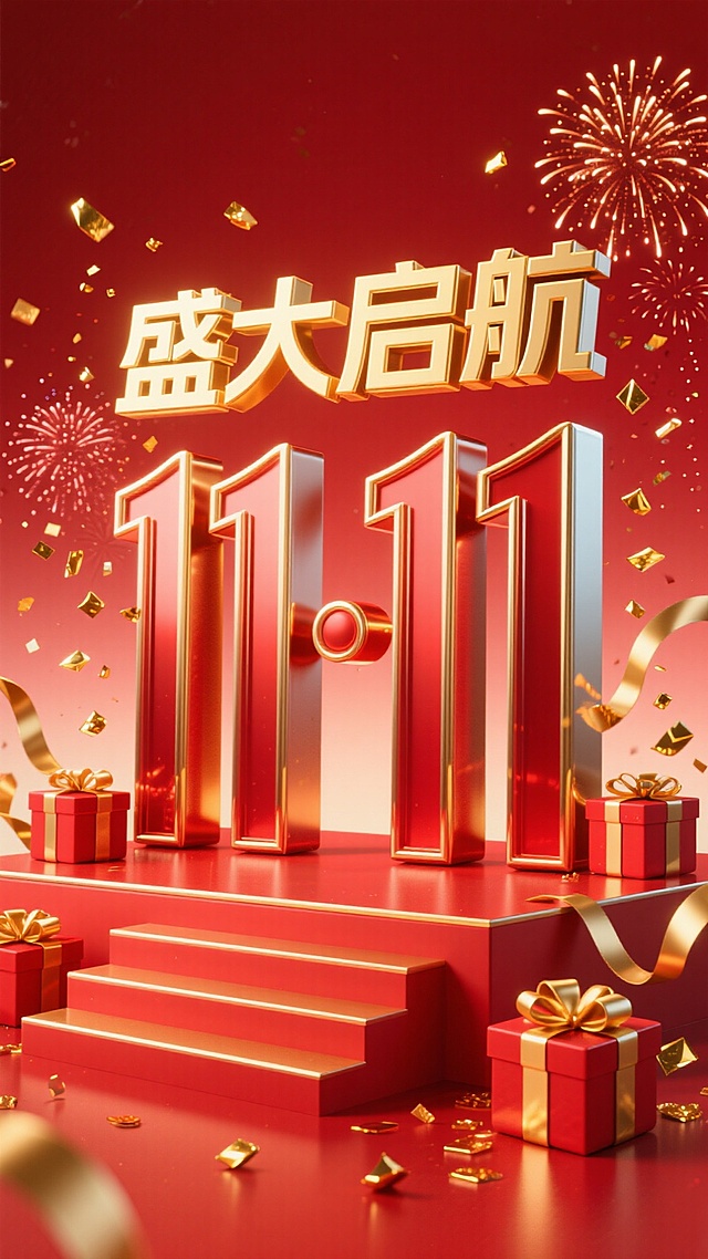 红色金属光泽立体字 “11·11” ，上方搭配金色 “盛大启航” 立体艺术字。周围环绕红金礼盒、金色丝带、烟花、碎金片，背景为红色渐变，底部有红色阶梯展台，整体风格热烈喜庆
