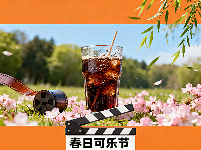 PPT封面风格图片，画面中央是玻璃杯子装的可乐，插着一根细棍，杯子里有清晰可见的气泡，杯子壁有水滴，杯子放在开满粉色樱花的草地上。左侧并排放着一卷电影胶卷，露出一段飞舞的胶片。画面前景有一个导演开场板，板子上写着“春日可乐节”。画面背景是模糊的绿色树林和蓝天，阳光明媚，右上角有柳树枝飞舞叶片垂下，整体风格干净清新，适合嵌入橘色+白色的PPT中。