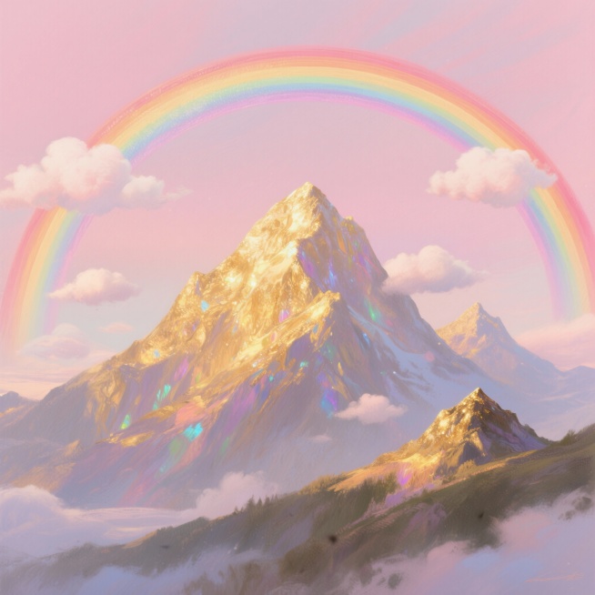1:1正方形构图，画面中央一座的金色主山，山后横跨一道**超大尺寸的七彩彩虹**，色彩浓郁饱满，彩虹弧度占满画面宽度，主山右侧点缀一座迷你小金山，背景是淡粉色渐变天空，漂浮着少量棉花糖云朵，油画厚涂肌预览效果