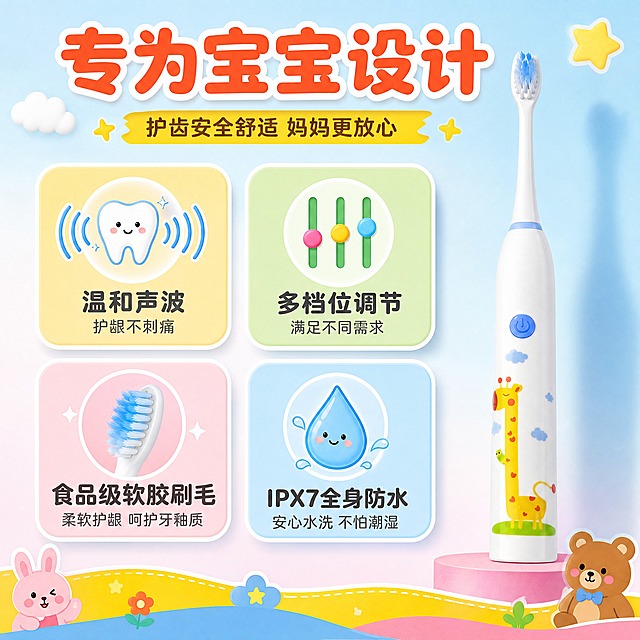 [主图-2] 核心价值卖点总览，集中展示儿童电动牙刷核心购买价值，围绕护齿安全舒适主题组织多个支撑卖点。
[统一基调] 拼多多风格大字直白性价比感，卡通童趣活泼配色，背景使用柔和渐变浅蓝+浅粉儿童风，主标题用粗圆体大字，辅助文字用圆润无衬线中字，强调色用亮黄和橙红，卡片用圆角软萌边框，整体温馨可爱适合母婴儿童品类。
[画面] 画面右侧展示白色长颈鹿款儿童电动牙刷正面直立放置，占画面约45%，产品外观与原图一致。左侧和上方分布4个圆角软萌卖点图标卡片，每个卡片配卡通小图标和短文案：1. 温和声波震动（配声波波纹小图标）；2. 多档位调节（配档位切换小图标）；3. 食品级软胶刷毛（配软毛刷头特写小图标）；4. IPX7全身防水（配水滴小图标）。卡片呈2x2矩阵排列在左侧，每个卡片有不同马卡龙色背景：浅黄、浅绿、浅粉、浅蓝。画面底部有一条彩色装饰条，增加活泼感。
[光影质感] 商业产品摄影质感，主光从左上方来，产品右侧有柔和阴影，刷毛细节清晰可见，机身硅胶质感真实，卡片有轻微浮起阴影增加层次。
[配色] 背景浅蓝渐变，卖点卡片分别用浅黄浅绿浅粉浅蓝马卡龙色，标题字橙红色，图标与说明文字深灰色，整体色彩丰富但不杂乱。
[文字版式] 画面顶部居中超大粗圆体主标题「专为宝宝设计」，字色橙红。每个卖点卡片内上方是卡通图标，下方是两行文字：第一行加粗卖点名称（如「温和声波」），第二行小字补充说明（如「护龈不刺痛」）。文字全部中文，字体圆润可爱，字号层级分明。
[输出要求] 1:1正方形，文字清晰可读，产品清晰不变形，无水印无平台Logo，禁止极限词，卖点表述准确不夸大。