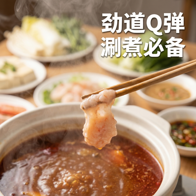 [主图主题] 青虾滑食用场景展示图
[氛围/风格] 生活化暖调食欲风，真实温馨
[画面元素] 第一人称视角，筷子夹起弹嫩虾滑，虾滑呈现微微晃动的劲道状态，放入热气腾腾的火锅汤底中，水雾缭绕增加食欲，背预览效果