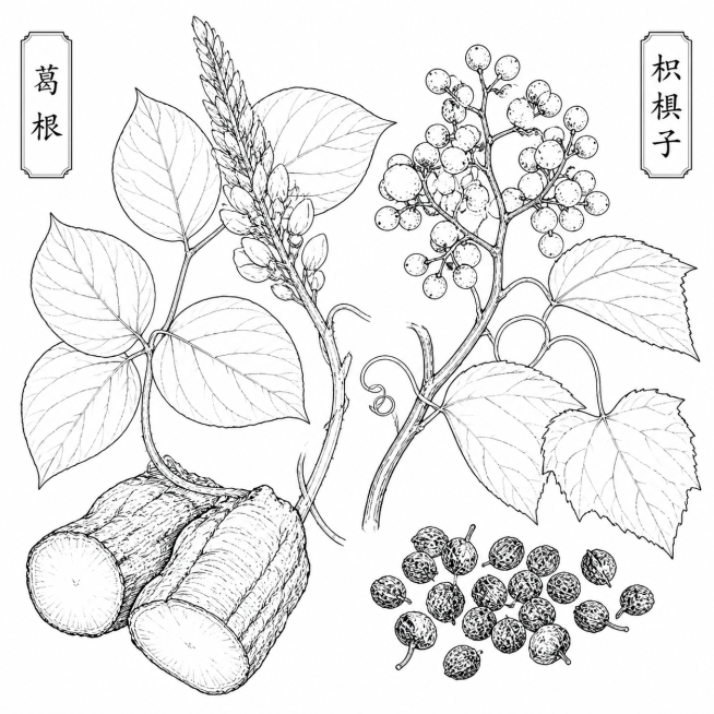 葛根和枳椇子的线稿，黑白手绘线条，中药材植物线描稿，清晰干净的轮廓线条预览效果