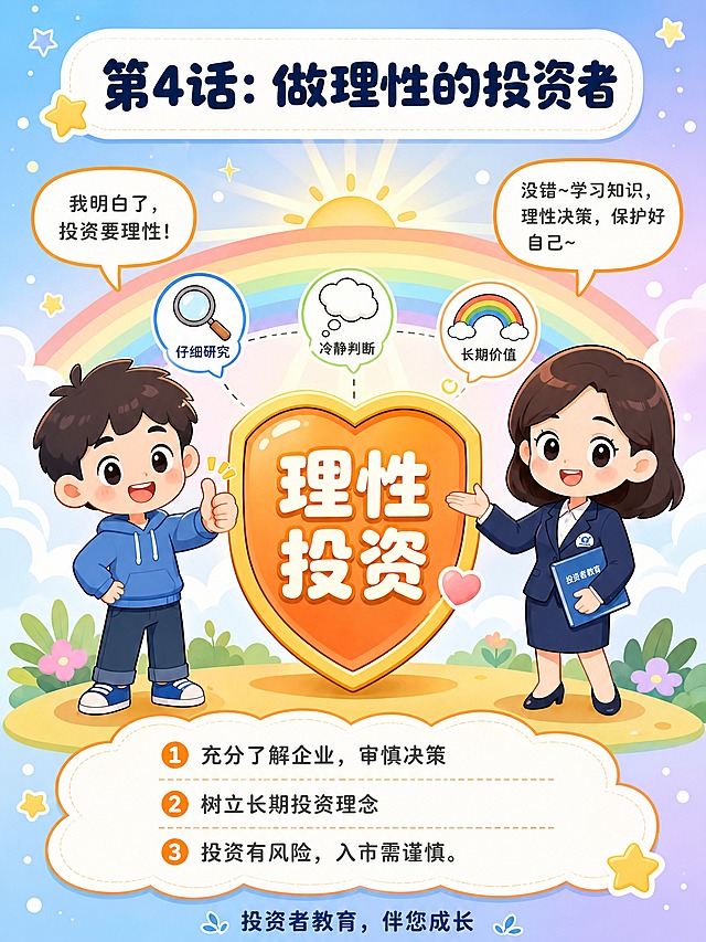 [商品] 无实物商品，北交所投资者教育主题漫画。
[画面] 第4张：理性投资小贴士。四宫格漫画风格第4格，卡通小明和讲解员站在一起，两人中间有一个大大的爱心形状盾牌，盾牌上写着"理性投资"四个字。盾牌周围飘着几个小图标：放大镜（仔细研究）、思考气泡（冷静判断）、彩虹（长期价值）。小明竖起大拇指，表情坚定自信。背景是温暖的阳光和彩虹，整体氛围积极正向。上方留标题区，下方留温馨提示文字区。整体构图居中盾牌主体，人物站两侧。
[视觉] 套系策略：风格=Q版卡通漫画风，圆润线条，马卡龙色系，活泼亲切；标题字=圆润可爱卡通粗体；正文字=清晰圆体；主色=藏青蓝+活力橙；背景延展=浅蓝到浅紫的柔和渐变，点缀细小的星星和圆点装饰；强调色=橙黄色，用于高亮重点和气泡框；标题色=藏青蓝；正文色=深灰；组件=圆角对话气泡、可爱图标、云朵形信息卡；光影=柔和平涂，轻微渐变增加立体感。
[文字] 顶部大标题"第4话：做理性的投资者"，小明气泡"我明白了，投资要理性！"，讲解员气泡"没错~学习知识，理性决策，保护好自己~"，下方3个温馨提示：① 充分了解企业，审慎决策 ② 树立长期投资理念 ③ 投资有风险，入市需谨慎。底部小字"投资者教育，伴您成长"。文字全部横排，字号适中。
[规格] 图片比例3:4竖版，4K分辨率，避免变形、错字、文字过小、写实风格、承诺收益或保本表述。