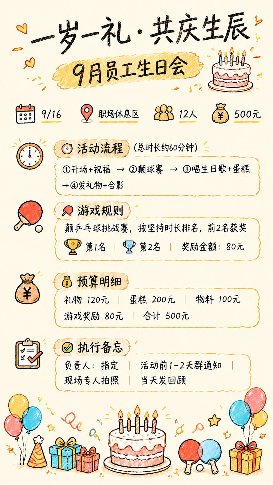 参考图为手绘风格的9月员工生日会海报，米白色奶油底色，黑色手写… - 图片创意预览