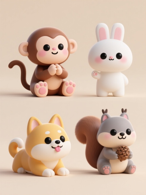 3D渲染风格的可爱动物集合，包含四个不同类型的Q版小动物，每个动物都有圆润的身体、大大的黑色眼睛、粉嫩的腮红和肉垫，采用柔和的渐变色彩和光滑的塑料质感，顶部柔和光源产生轻微高光和细腻阴影。第一行从左到右：坐姿的棕色小猴子，双手合十放在胸前，尾巴自然弯曲；站立的白色小兔子，耳朵竖起，前爪微微抬起。第二行从左到右：趴着的黄色小柴犬，舌头微吐，尾巴卷曲；坐着的灰色小松鼠，双手捧着一颗松果，蓬松的大尾……预览效果